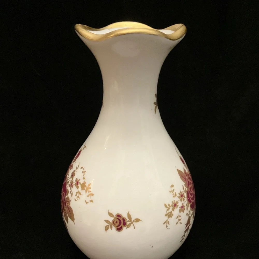 Osborne China 24k Gold Trim Hand Painted Vintage Vase Burgundy Red Yellow Floral